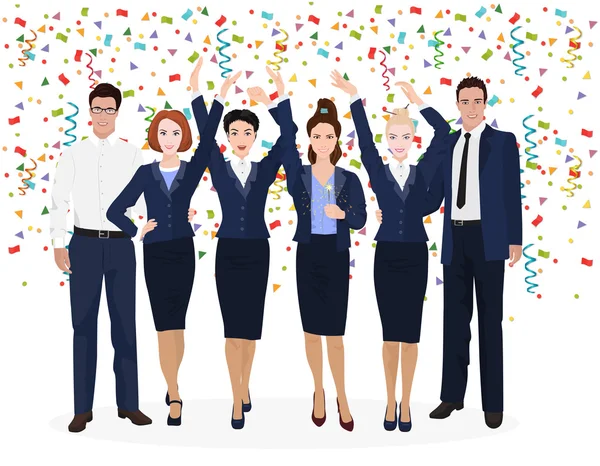 Corporate Business Team Godersi il successo e celebrare i nuovi sviluppi. Confetti sul backgroud bianco alfa . — Vettoriale Stock