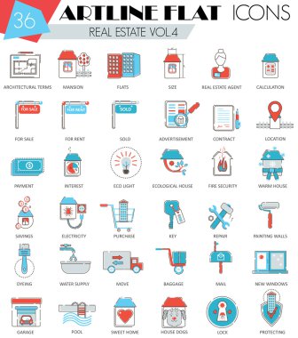 Vektör gayrimenkuller web ve uygulamalar için ultra modern anahat artline düz çizgi simgeleri.