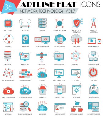 Vektör Ağı teknolojisi web ve uygulamalar için ultra modern anahat artline düz çizgi simgeleri.