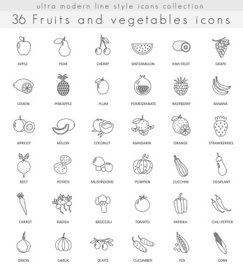 Vektör meyve ve sebze web ve uygulamalar için ultra modern anahat hattı simgeleri.