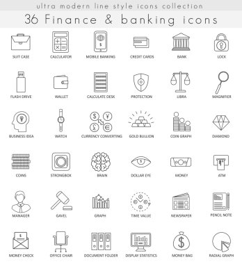 Web ve uygulamalar için Vektör Finans ve bankacılık ultra modern anahat hattı simgeleri.