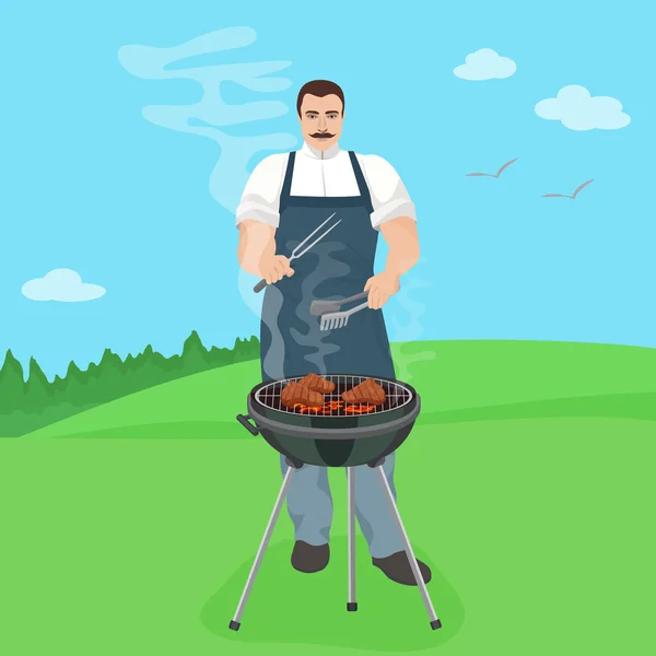 Der männliche Koch bereitet das Essen auf dem Grill zu. Grillen in der Natur jard Vektor Illustration. — Stockvektor