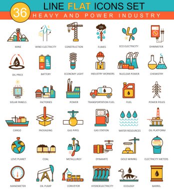 Vektör ağır ve güç endüstrisi düz çizgi simgesi ayarlayın. Web için modern zarif stil tasarımı.