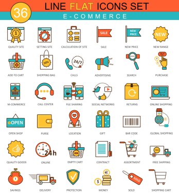 Vektör e-ticaret düz çizgi simgesi ayarlayın. Web için modern zarif stil tasarımı.