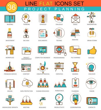 Vektör Proje planlama düz çizgi simge kümesi. Web için modern zarif stil tasarımı.