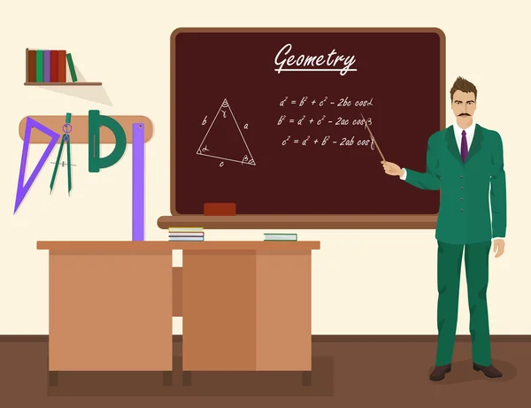 School geometrie mannelijke docent in doelgroepklasse concept. Vector illustratie. — Stockvector