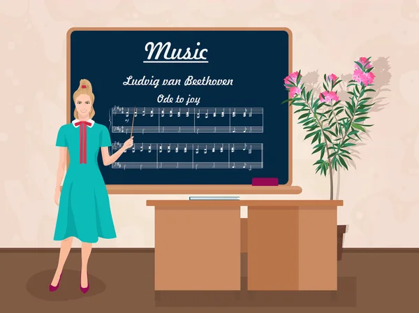 School muziek vrouwelijke docent in doelgroepklasse concept. Vector illustratie. — Stockvector