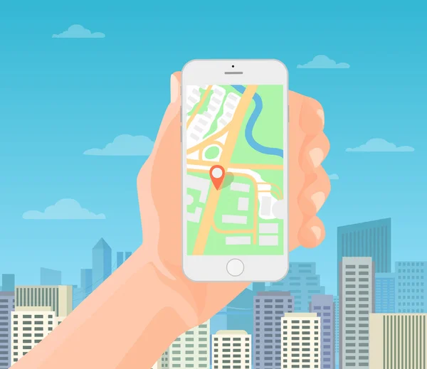 Mężczyzna trzyma smartfon w ręku z mobilną mapą nawigacyjną GPS na nowoczesnym tle miasta. Ilustracja wektorowa. — Wektor stockowy