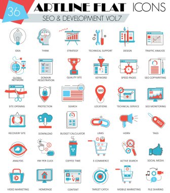 Vektör Seo ve geliştirme web ve uygulamalar için ultra modern anahat artline düz çizgi simgeleri.