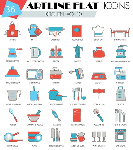 Herramientas de cocina vectorial ultra moderno contorno artline línea plana iconos para la web y aplicaciones . — Vector de stock