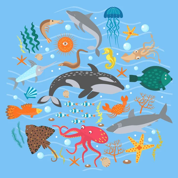 Concept Set of Cute Sea animals fish. Vector illustration. — Stock Vector