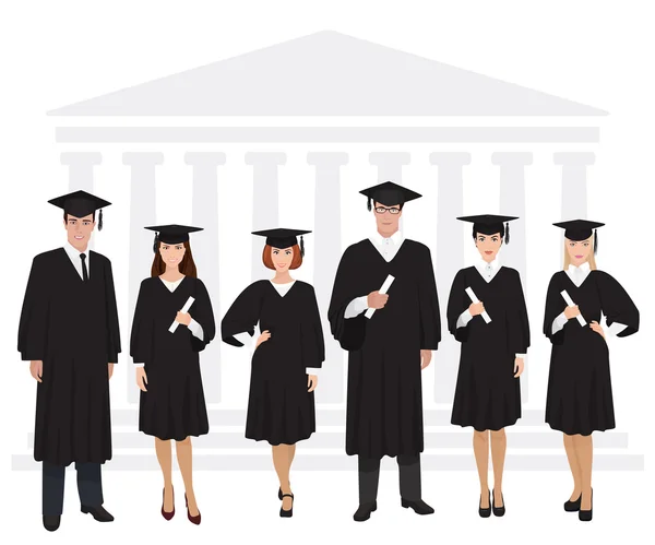 Giovani ragazzi e ragazze laureati in piedi di fronte all'edificio universitario in possesso di diploma. Illustrazione vettoriale — Vettoriale Stock
