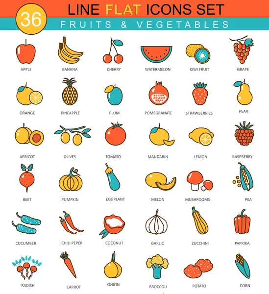 Vetor Frutas e legumes conjunto de ícones de linha plana. Design de estilo elegante moderno para web . — Vetor de Stock