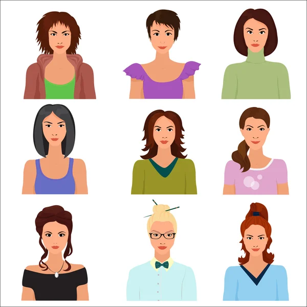Vector női nő karakter néz avatarok a különböző ruhák és frizurák. — Stock Vector