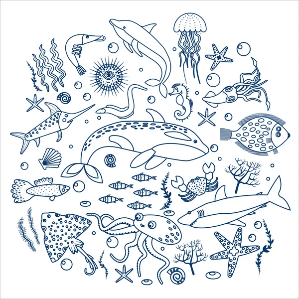 Concept Set of sea animals fish. Outline line Vector illustration. — Stock Vector