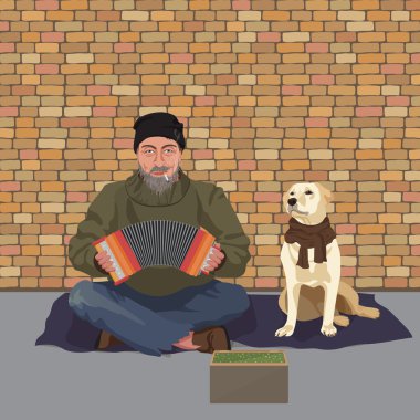 Köpek evsiz adam. Shaggy adam kirli paçavra akordeon uyum oynuyor. Yardım istiyor. Vektör çizim.