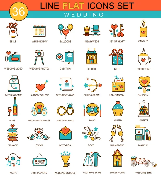 Vektör düğün düz çizgi Icon set. Web için modern zarif stil tasarım.