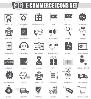 E-ticaret siyah Icon set vektör. Koyu gri klasik simgesi tasarım web için.