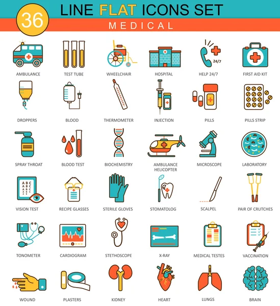 Conjunto de iconos de línea plana Vector Medical. Diseño de estilo moderno y elegante para web . — Archivo Imágenes Vectoriales