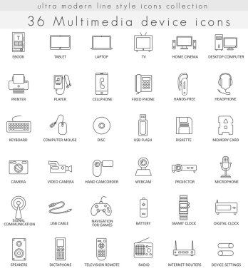 Vektör Multimedya cihazlar ultra modern anahat satırı simgeler web ve apps.