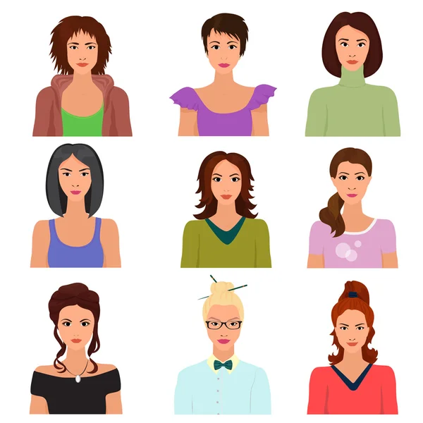 Vecteur Femme personnage visage avatars dans différents vêtements et styles de cheveux . — Image vectorielle