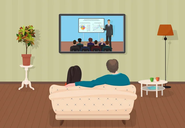 Jóvenes hombres y mujeres de la familia viendo el programa de tutoría de formación de televisión juntos en la sala de estar. Ilustración vectorial . — Archivo Imágenes Vectoriales