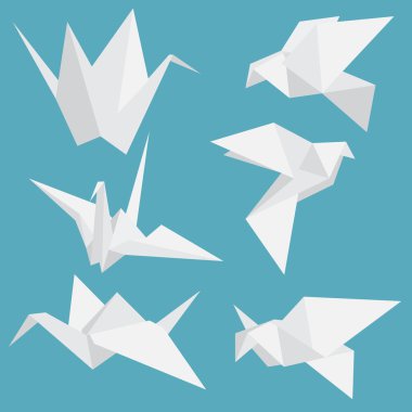 Küme kağıt origami kuşlar izole vinç. Vektör çizim.