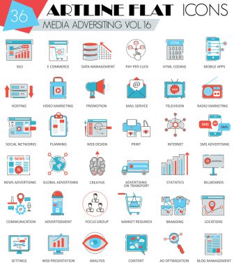 Vektör medya ultra modern anahat artline reklam satır simgeler web ve apps için düz.