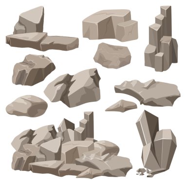 Kayalar ve taşlar öğeleri koleksiyonu kümesi. Vektör çizim.