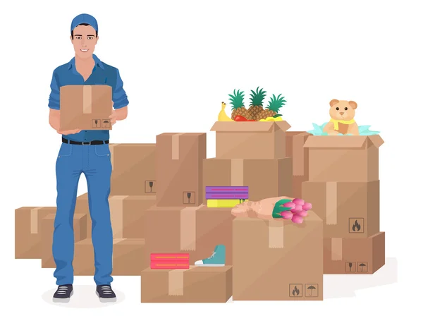 Entrega mover o homem de serviço segurando caixa de artesanato. Ilustração vetorial de conceito de carga . —  Vetores de Stock