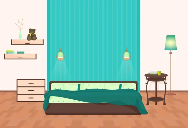 Mooie moderne slaapkamer interieur. Vectorillustratie cartoon. — Stockvector