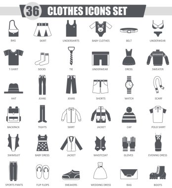 Giysileri siyah Icon set vektör. Koyu gri klasik simgesi tasarım web için.