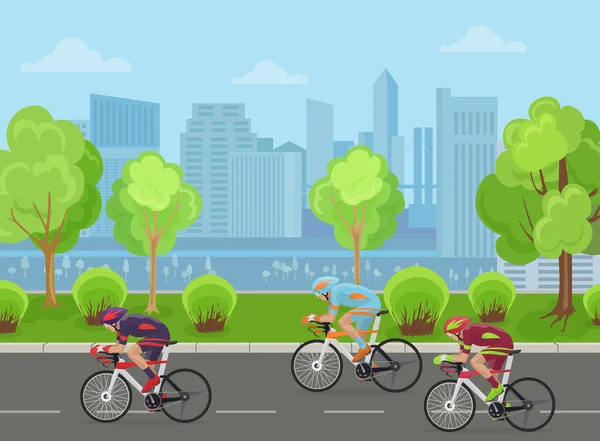 Ciclistas mans en carrera de carretera bicicleta de carreras en concepto de parque de la ciudad . — Vector de stock