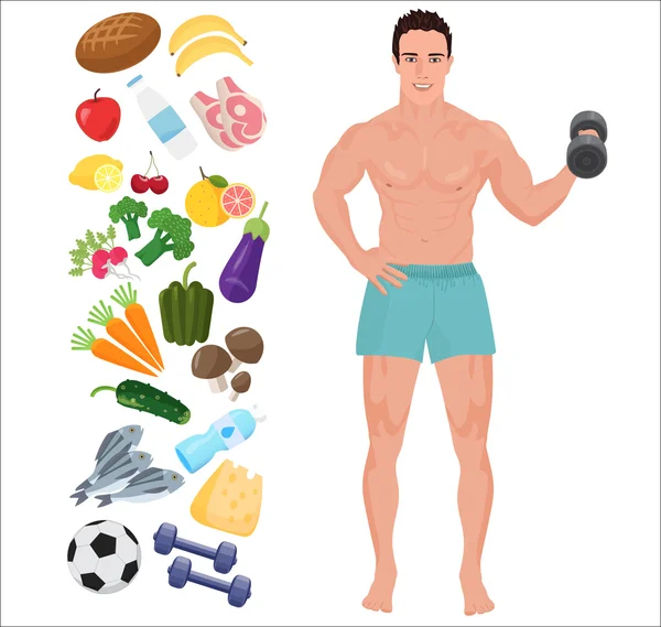 Guapo hombre de la salud del deporte. Ilustración de vectores de infografía de estilo de vida con iconos . — Archivo Imágenes Vectoriales