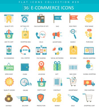 Vektör e-ticaret renk düz Icon set. Zarif stil tasarım.