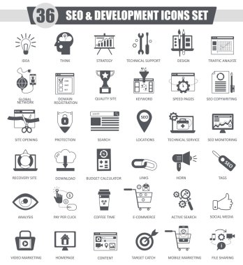 Icon set siyah vektör Seo ve geliştirme. Koyu gri klasik simgesi tasarım web için.