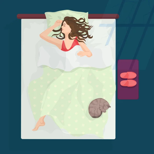 Sleeping woman female in bad at night near window. Vector illustration. — Stock Vector
