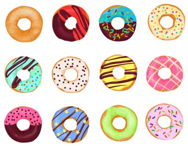 Çizgi film gerçekçi donuts kek kümesi izole beyaz arka plan üzerinde.