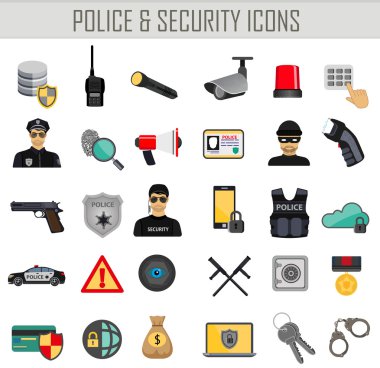 Vektör polis güvenlik ve suç simgeler kümesi. Infographics öğeleri. Web banka Emanet.