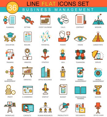 Vektör iş yönetimi düz çizgi Icon set. Web için modern zarif stil tasarım.