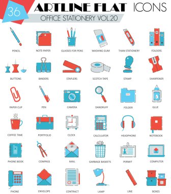 Vektör Ofis Kırtasiye ultra modern anahat artline düz çizgi simgeler web ve apps.