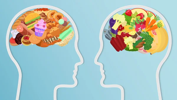 Hälsa och ohälsa mat äter i hjärnan. Människans huvud silhuett kost val hälsosam livsstilskoncept. — Stock vektor