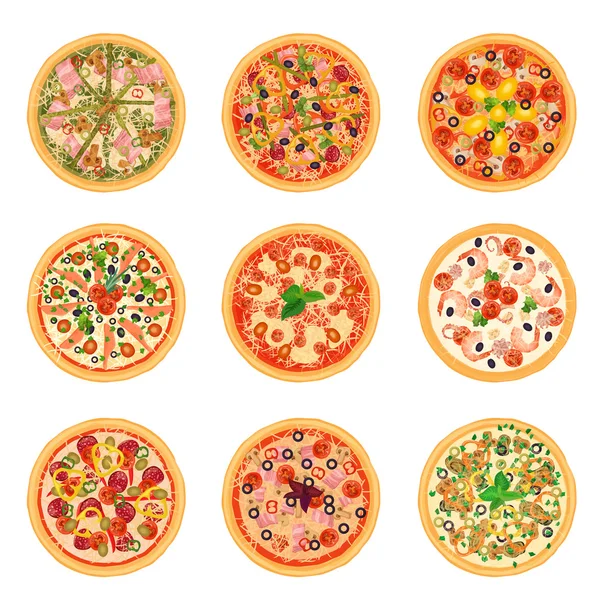 Diverse icone alimentari pizza insieme raccolta isolata. Illustrazione menu pizza . — Vettoriale Stock
