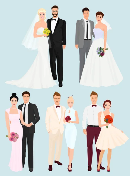 Hermosa elegante boda parejas hombre y mujeres colección conjunto . — Vector de stock