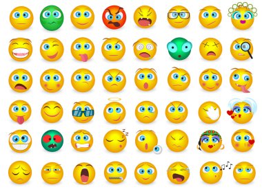 Mega büyük koleksiyonu izole Emoji yüz duygu simgeler kümesi. Vektör çizim.