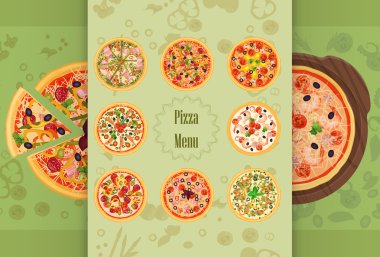 Pizza restoran kavramı menü. Parça pizza kesme tahtası üzerinde. Pizza menü illüstrasyon.