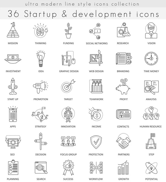 Vector Startup y desarrollo de iconos de esquema ultra modernos para web y aplicaciones . — Archivo Imágenes Vectoriales