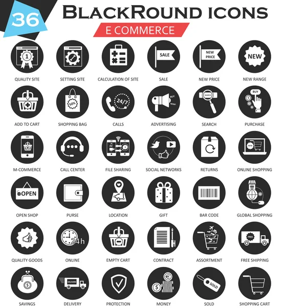 Vector de comercio electrónico círculo blanco icono negro conjunto. Diseño de iconos ultra moderno para web . — Archivo Imágenes Vectoriales