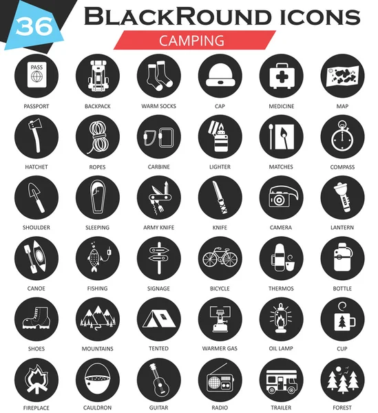 Vecteur cercle de camping blanc icône noire ensemble. Design icône ultra moderne pour le web . — Image vectorielle