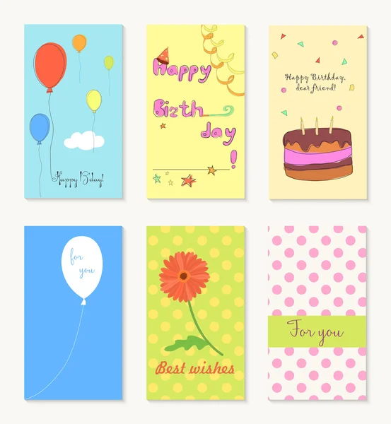 Anniversaire et invitation de vacances cartes de vœux design avec ballon, gâteau tasse, fleur et coeur . — Image vectorielle